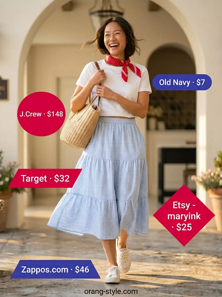 Summer Road Trip Outfits 2026: Gingham Skirt Picnic Style Light blue gingham skirt outfit for summer road trip outfits for women 2026. Picnic perfect casual look.