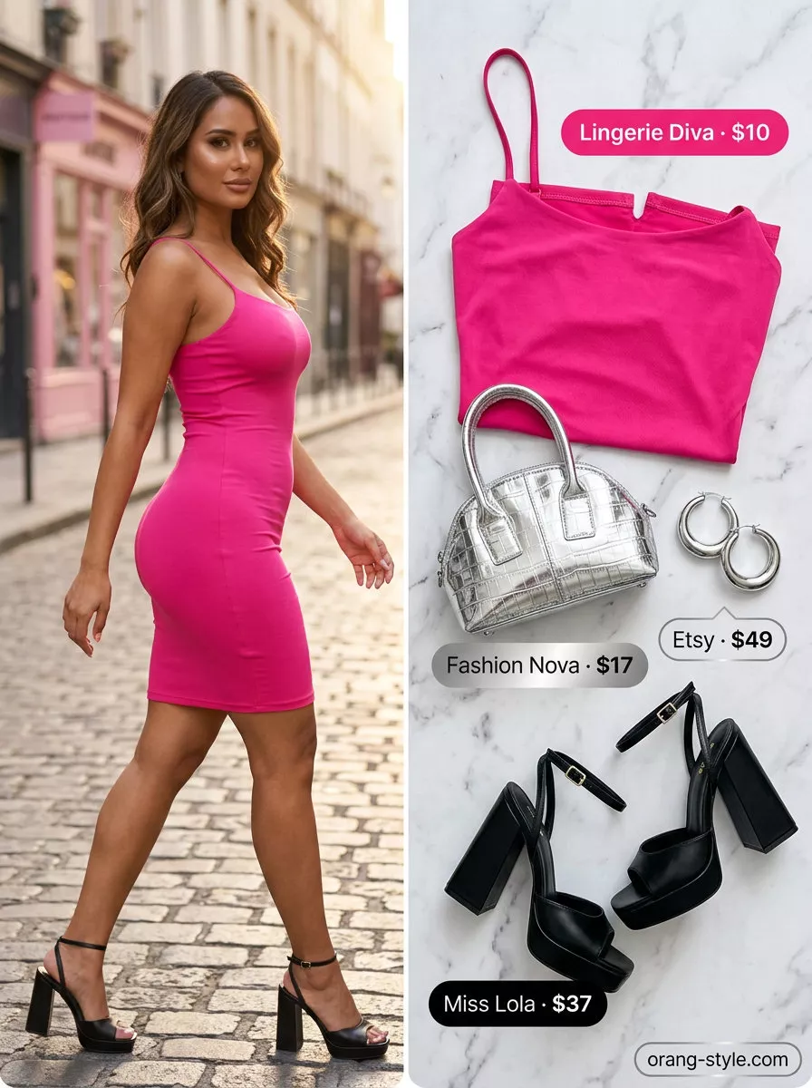 Summer Road Trip Outfits 2026: Playful Mini Dress Hot pink mini slip dress for summer road trip outfits for women 2026. Fun evening drive style.