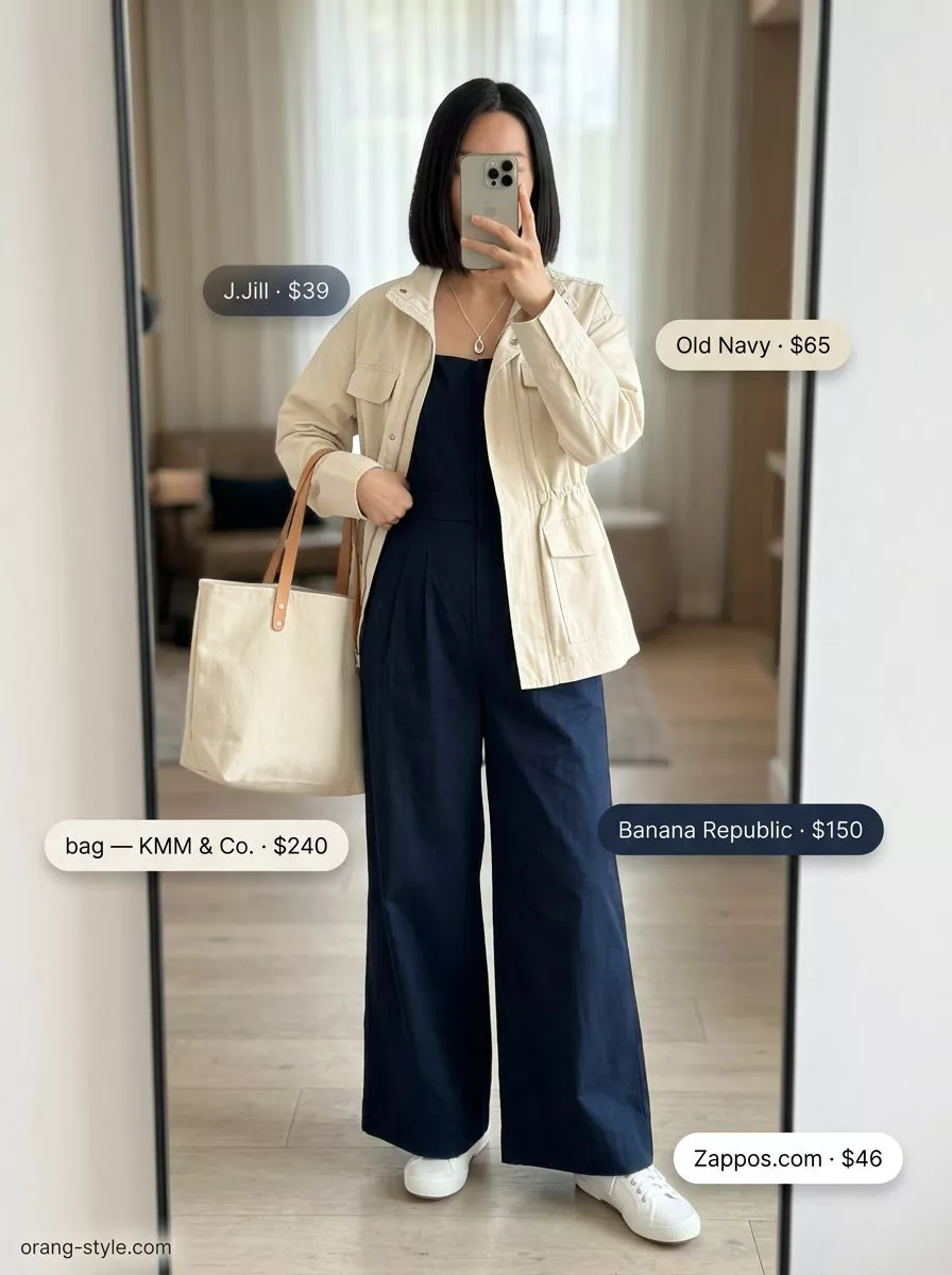 Summer Road Trip Outfits 2026: Chic Jumpsuit Escape Navy wide-leg jumpsuit for summer road trip outfits for women 2026. Chic and comfortable travel style with canvas tote.