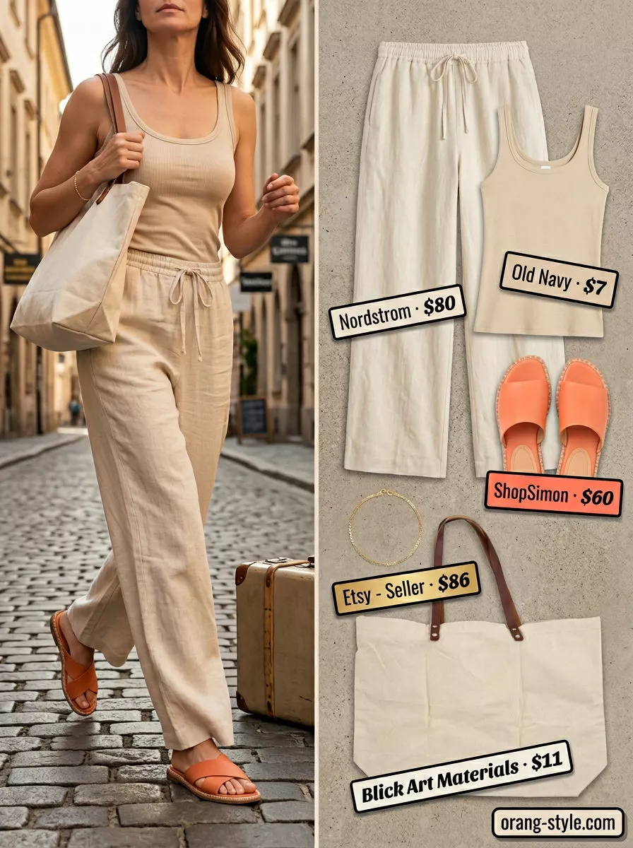 Summer Road Trip Outfits 2026: Coastal Linen Pants Cream tank top with linen pants for summer road trip outfits for women 2026. Coastal highway style.