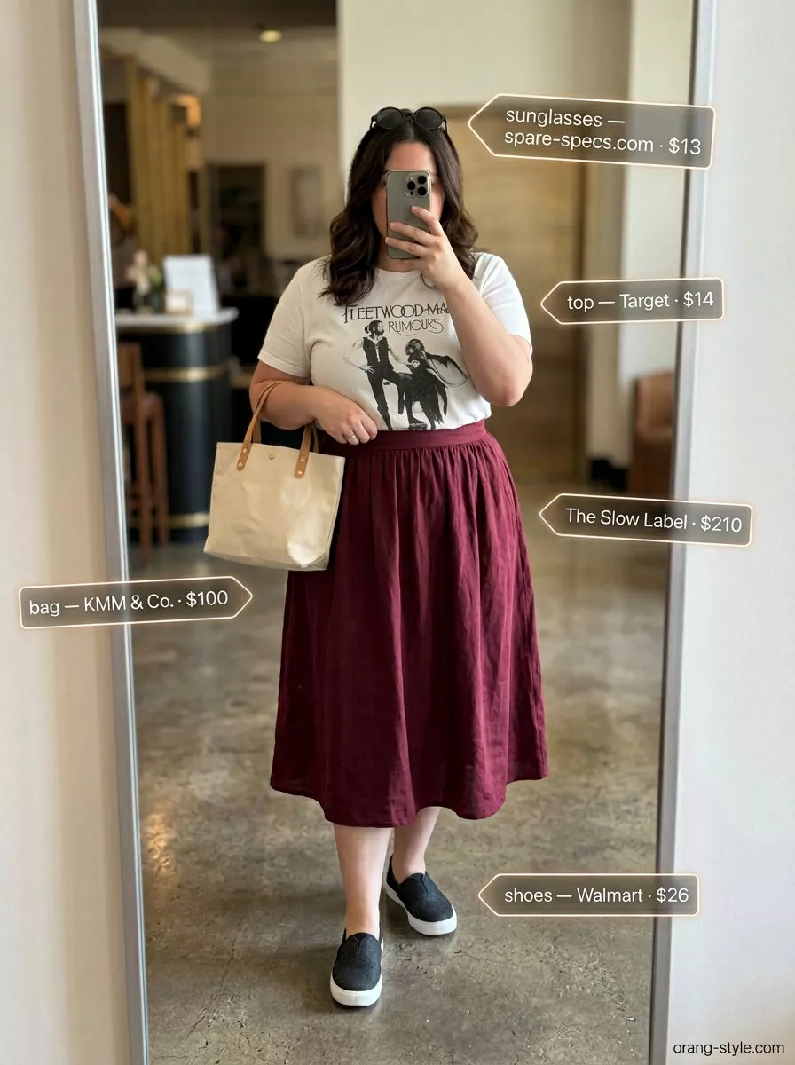 Picnic road trip outfit for summer 2026: burgundy skirt, graphic tee, and canvas sneakers.