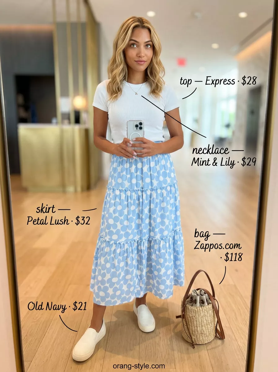 Picnic Perfect Summer Road Trip Outfits 2026 Picnic Perfect skirt outfit for summer road trip 2026: light blue floral midi skirt, white tee, and canvas sneakers.