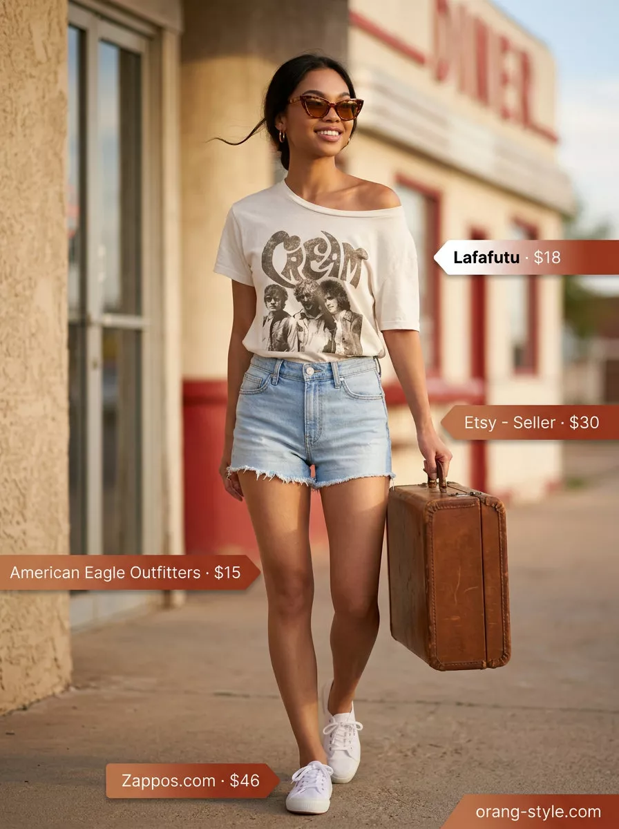 Summer Road Trip Outfits 2026: Retro Diner Shorts Light wash denim shorts and graphic tee for summer road trip outfits for women 2026. Retro diner style with canvas tote.
