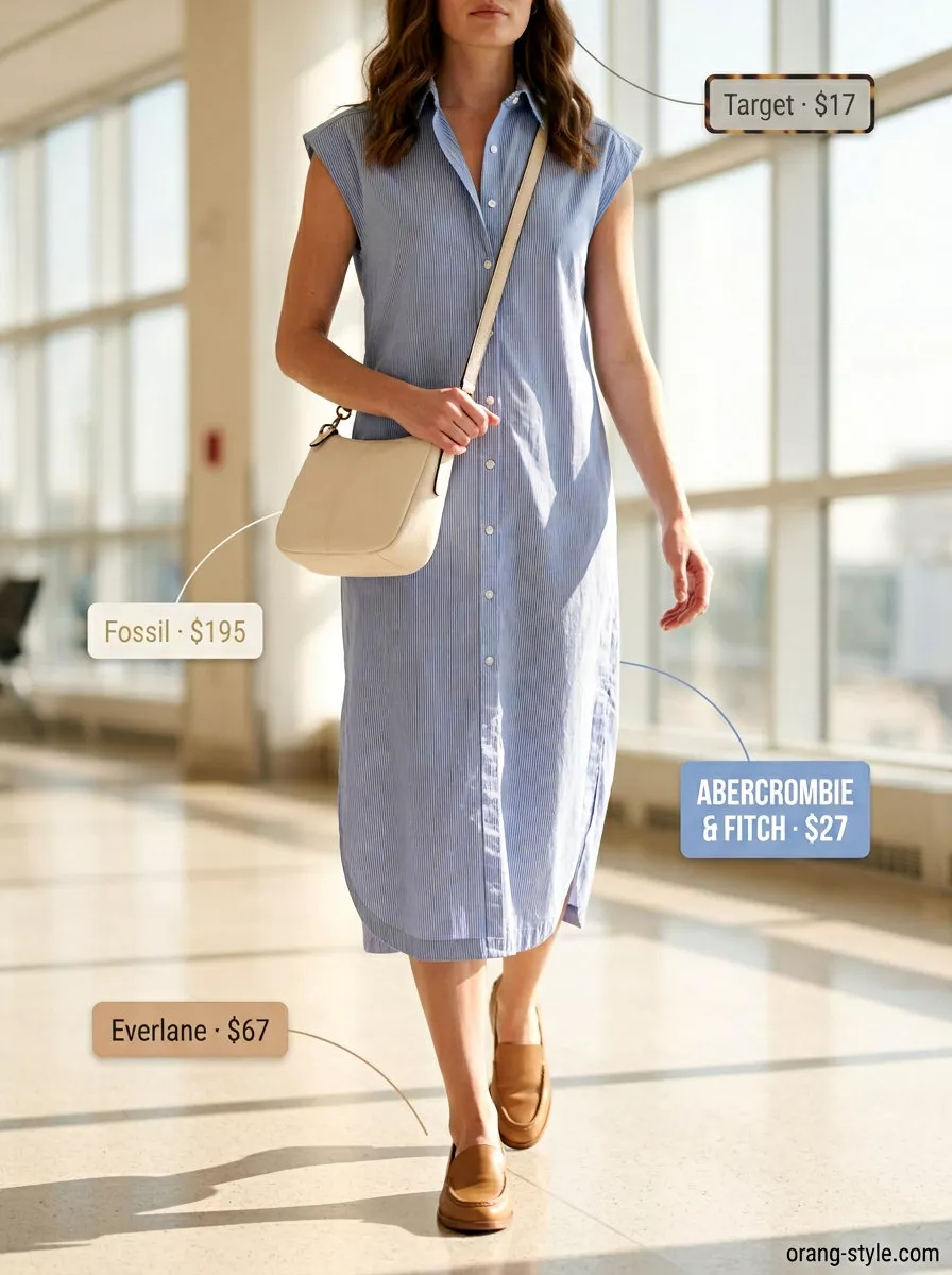 Summer Road Trip Outfits 2026: Effortless Shirt Dress Light blue shirt dress outfit for summer road trip outfits for women 2026. Effortless travel style.