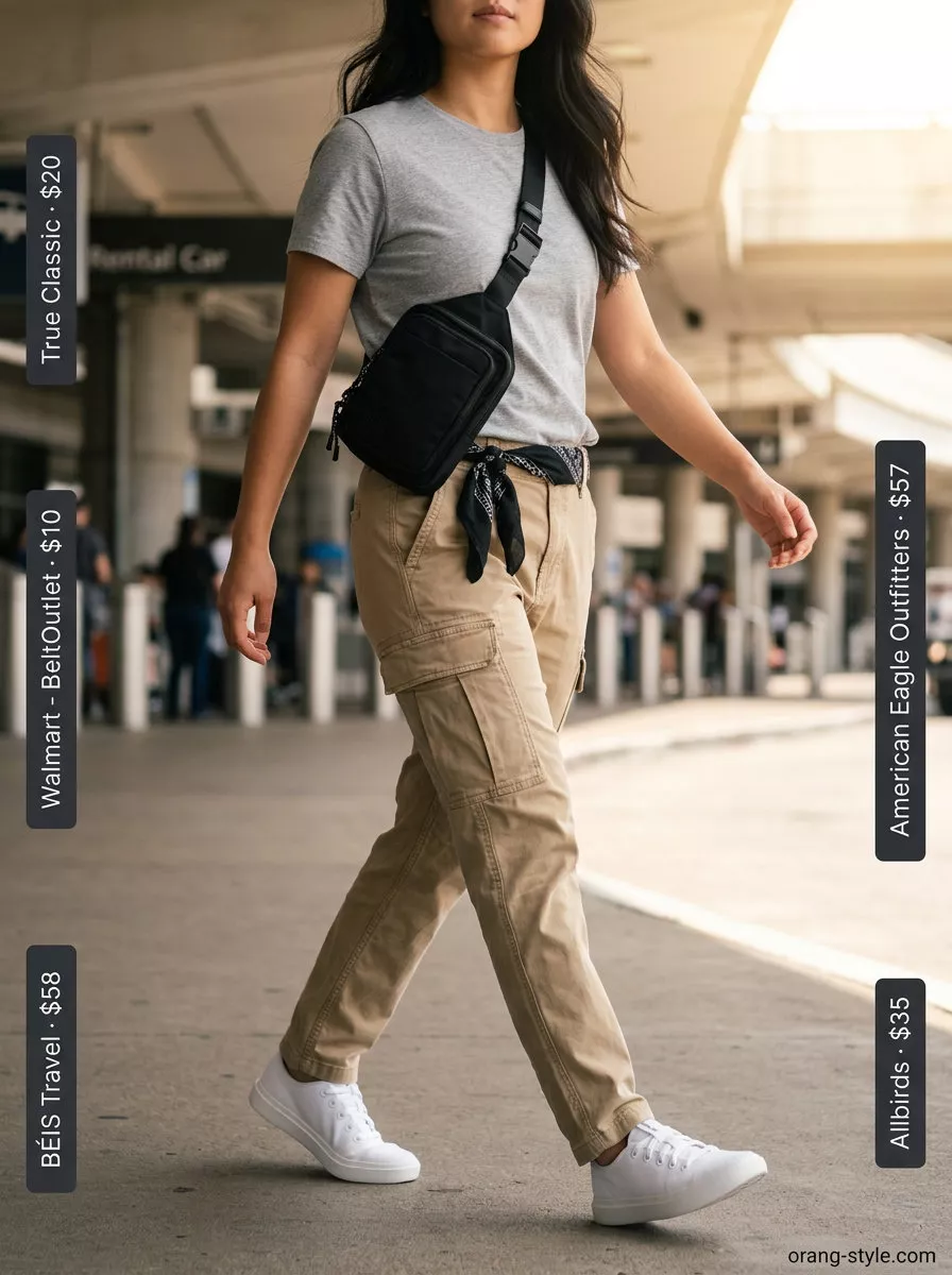 Summer Road Trip Outfits 2026: Truck Stop Comfort Khaki cargo pants and t-shirt for summer road trip outfits for women 2026. Comfortable travel look with crossbody bag.