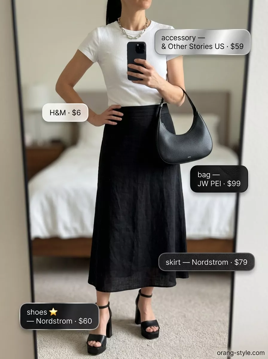 Sleek black midi skirt outfit for summer skirt outfits 2026, perfect for city strolls.