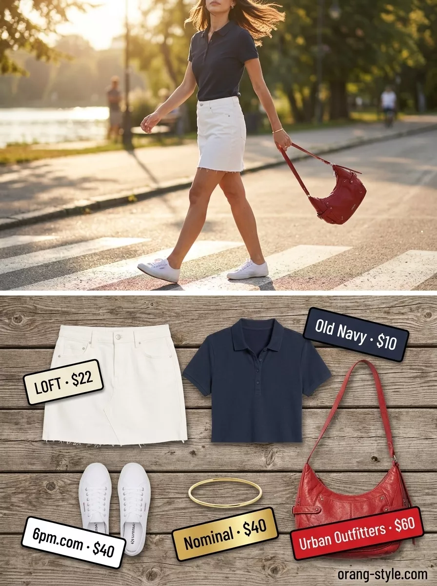 Preppy summer skirt outfit 2026: White denim mini skirt, navy polo, red crossbody for lakeside.