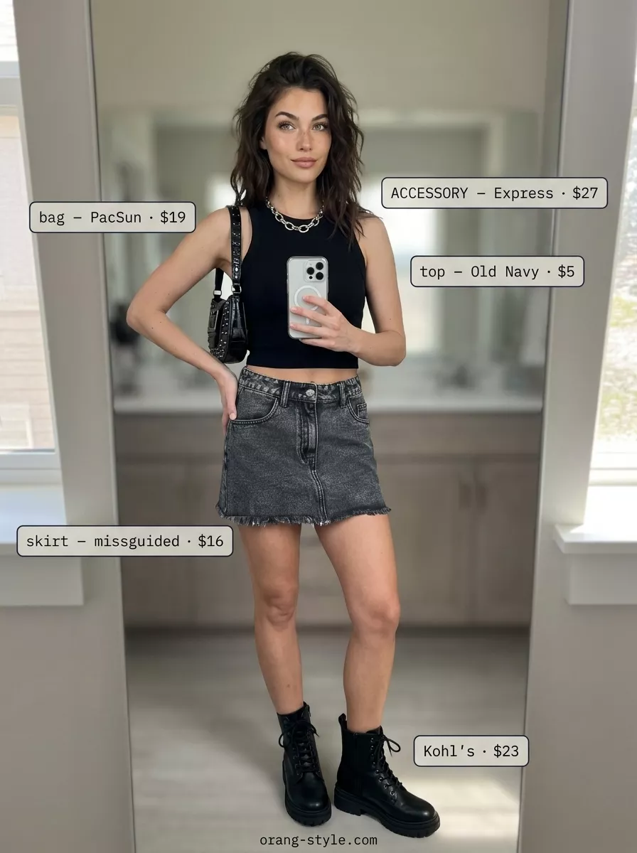 Edgy dark denim mini skirt outfit for summer skirt outfits 2026, perfect for concerts or nights out.