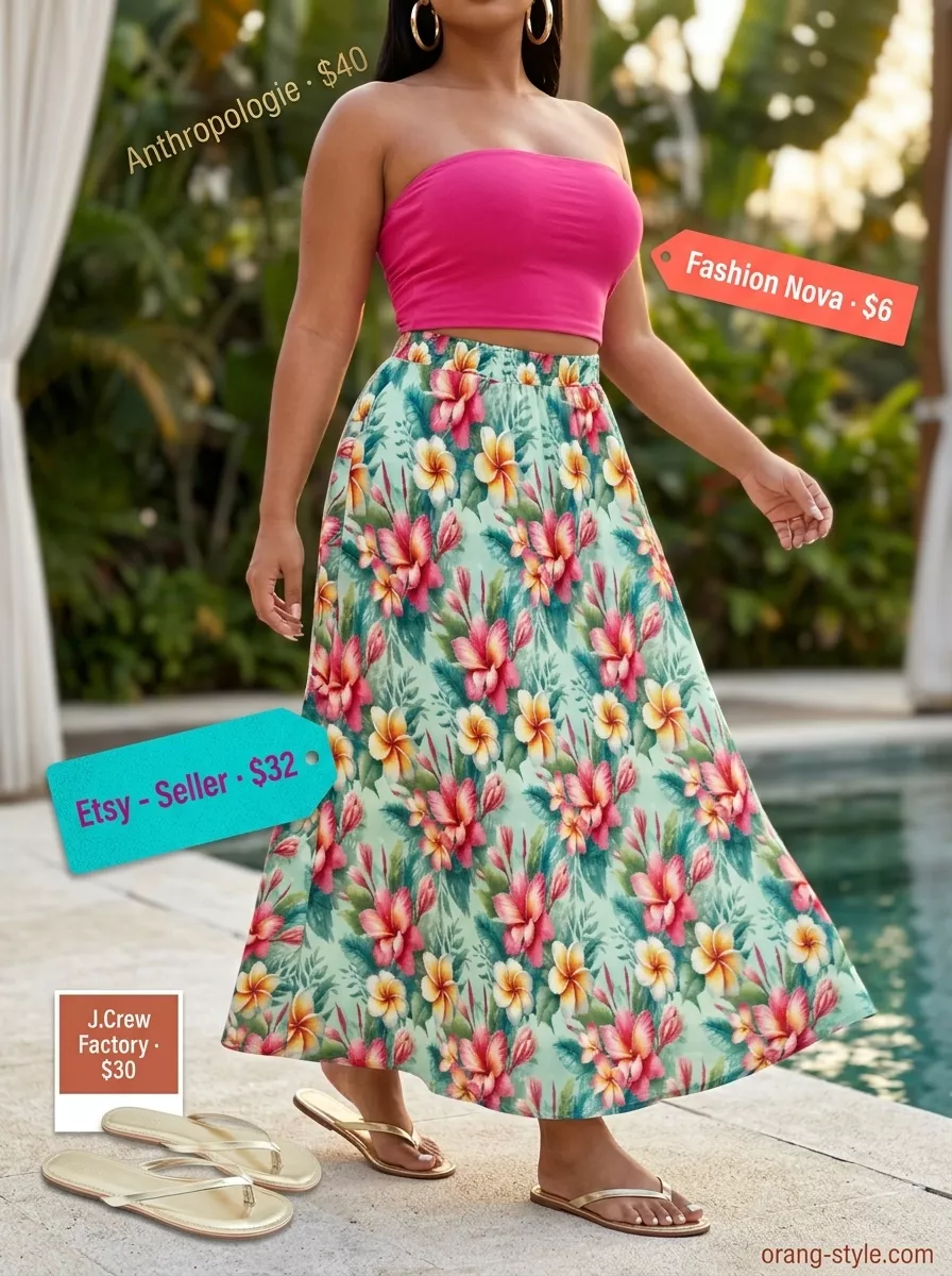 Vibrant summer skirt outfit 2026: Fuchsia sarong maxi skirt, turquoise bag for tropical vacation.
