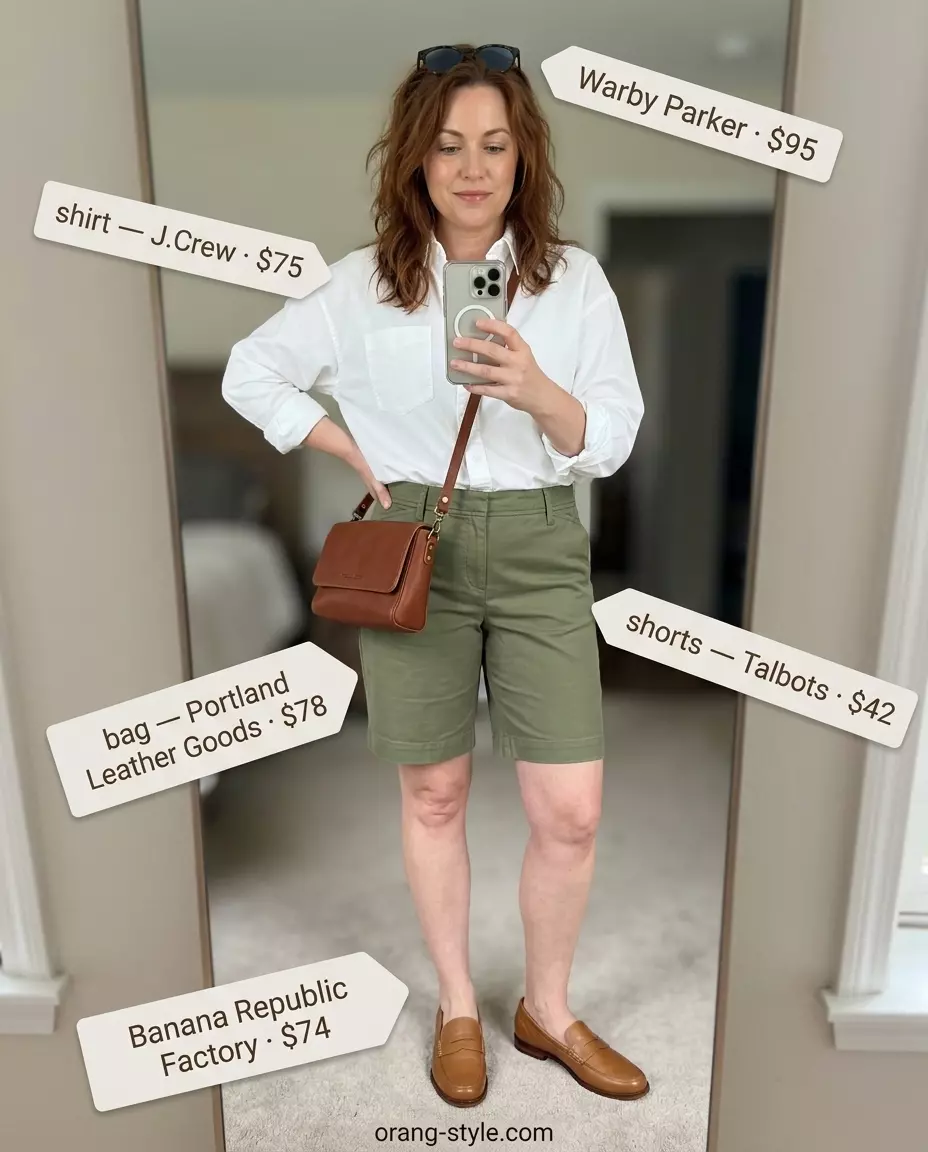 Summer travel capsule wardrobe for women 2026: Olive green Bermuda shorts, white button-down shirt, loafers, crossbody bag.