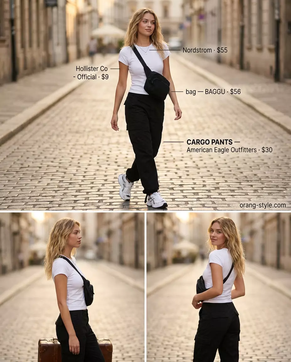 Summer travel capsule wardrobe for women 2026: Black cargo pants, white tee, sneakers, silver necklace, black belt bag.
