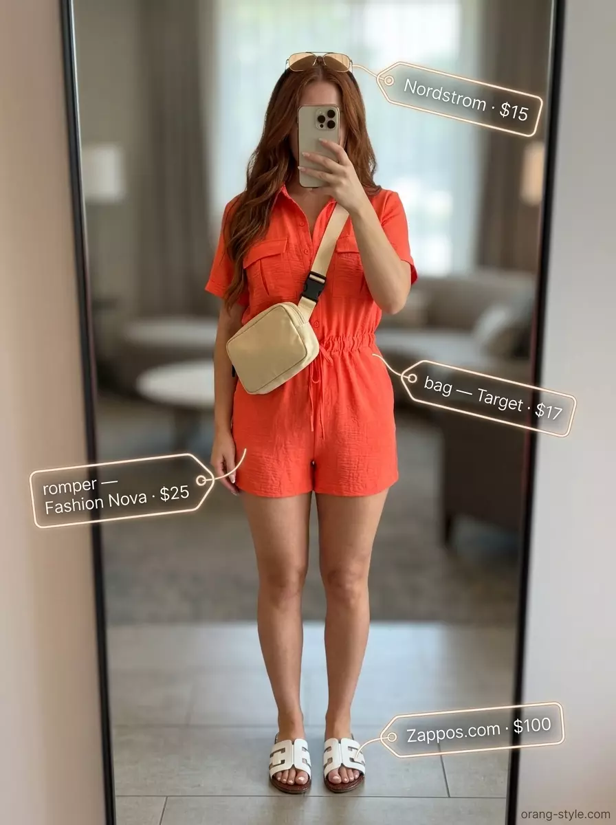 Summer travel capsule wardrobe for women 2026: Coral romper, white slide sandals, canvas crossbody, aviator sunglasses.