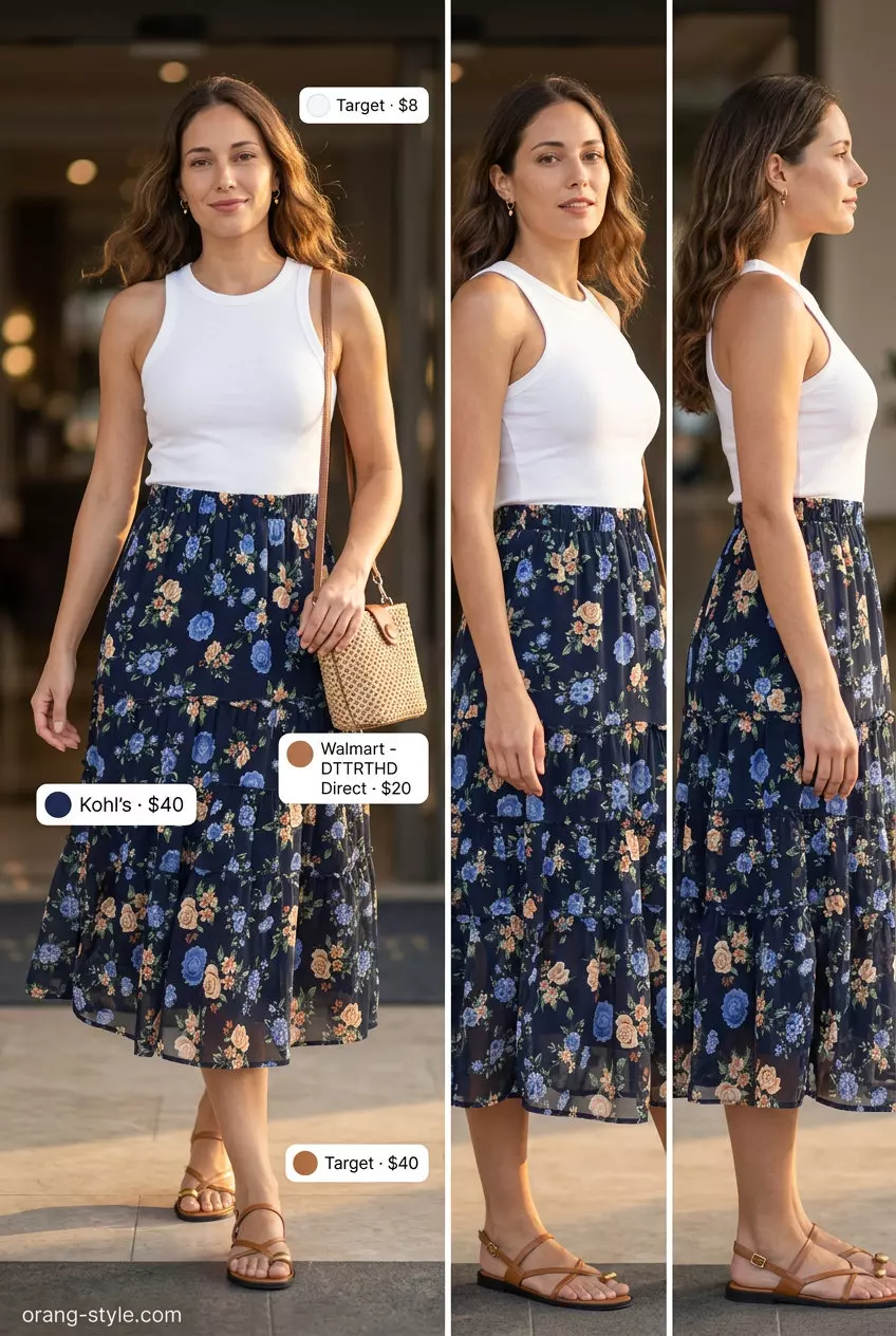 Summer travel capsule wardrobe for women 2026: Navy floral midi skirt, white ribbed tank, strappy sandals, straw bag.