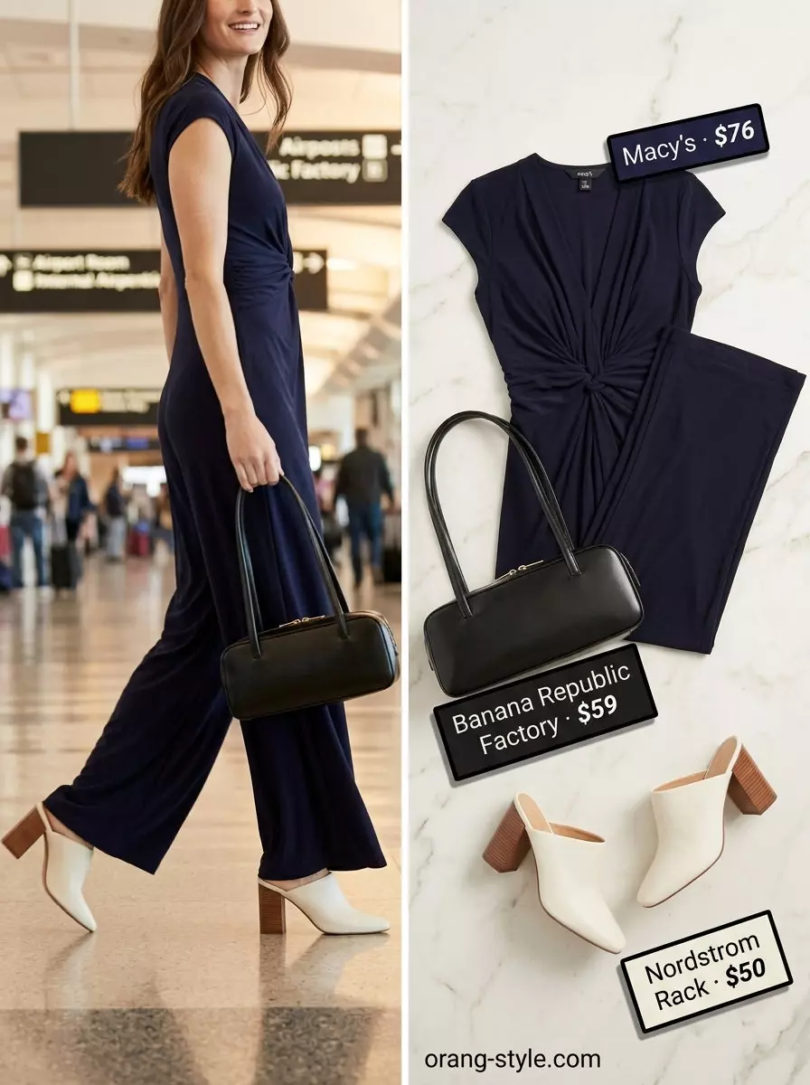 Summer travel capsule wardrobe for women 2026: Navy wide-leg jumpsuit for sophisticated evening travel or cocktail hour.