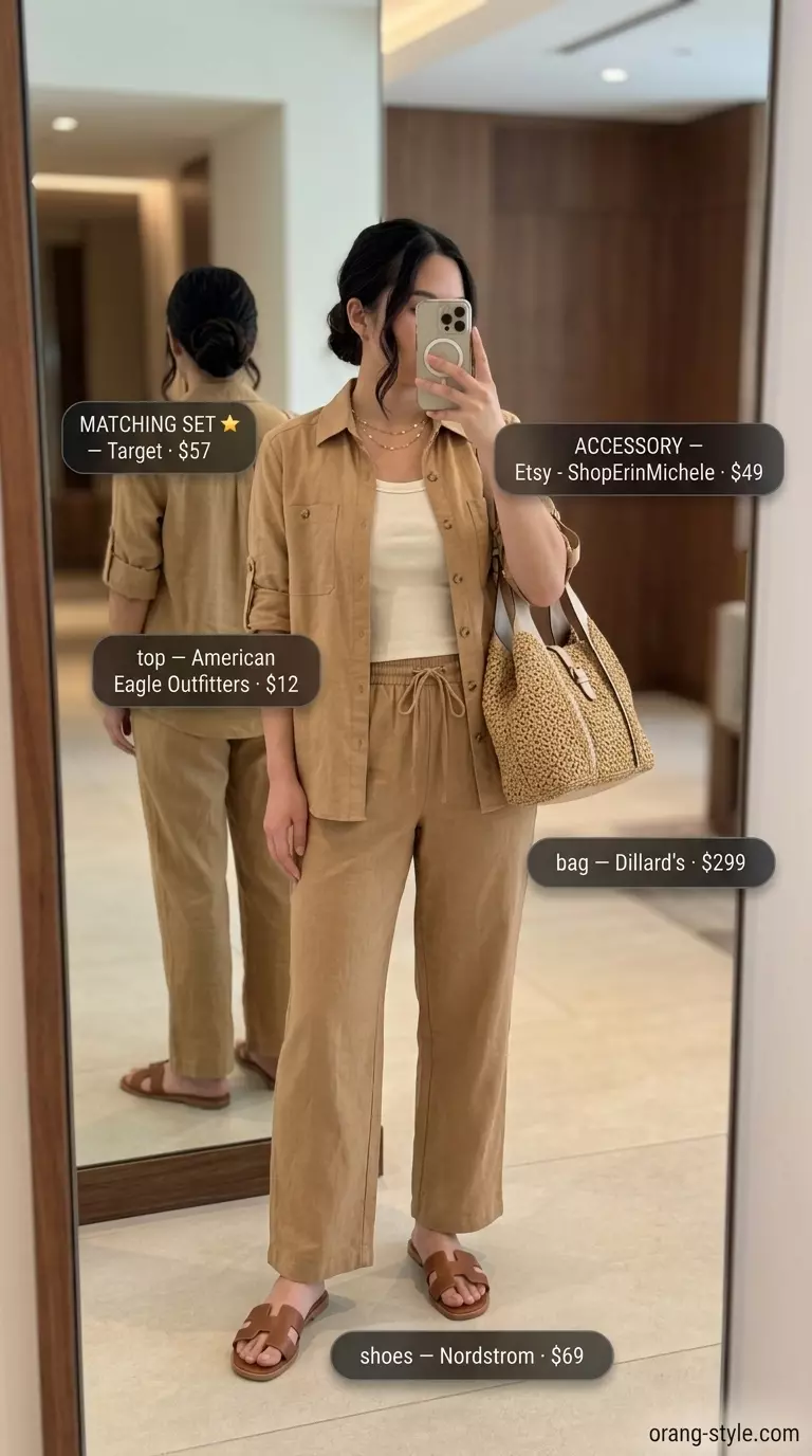 Summer travel capsule wardrobe for women 2026: Cream linen set, ribbed tank, slide sandals, layered necklaces.