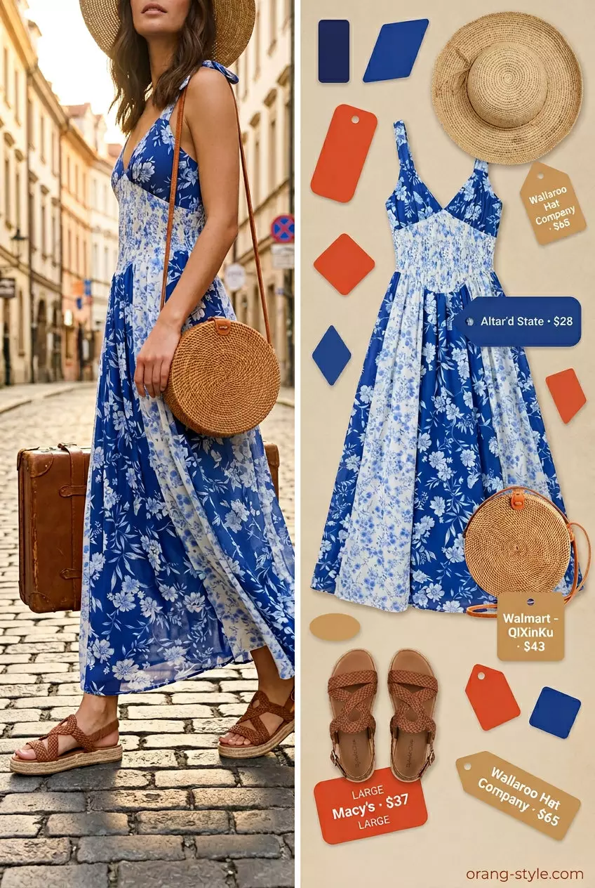 Summer travel capsule wardrobe for women 2026: Cobalt blue maxi dress for vacation sightseeing and beach dinners.