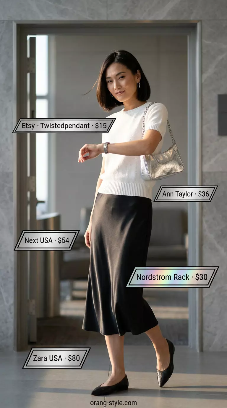 Summer travel capsule wardrobe for women 2026: Black leather ballet flats and satin midi skirt for casual chic.