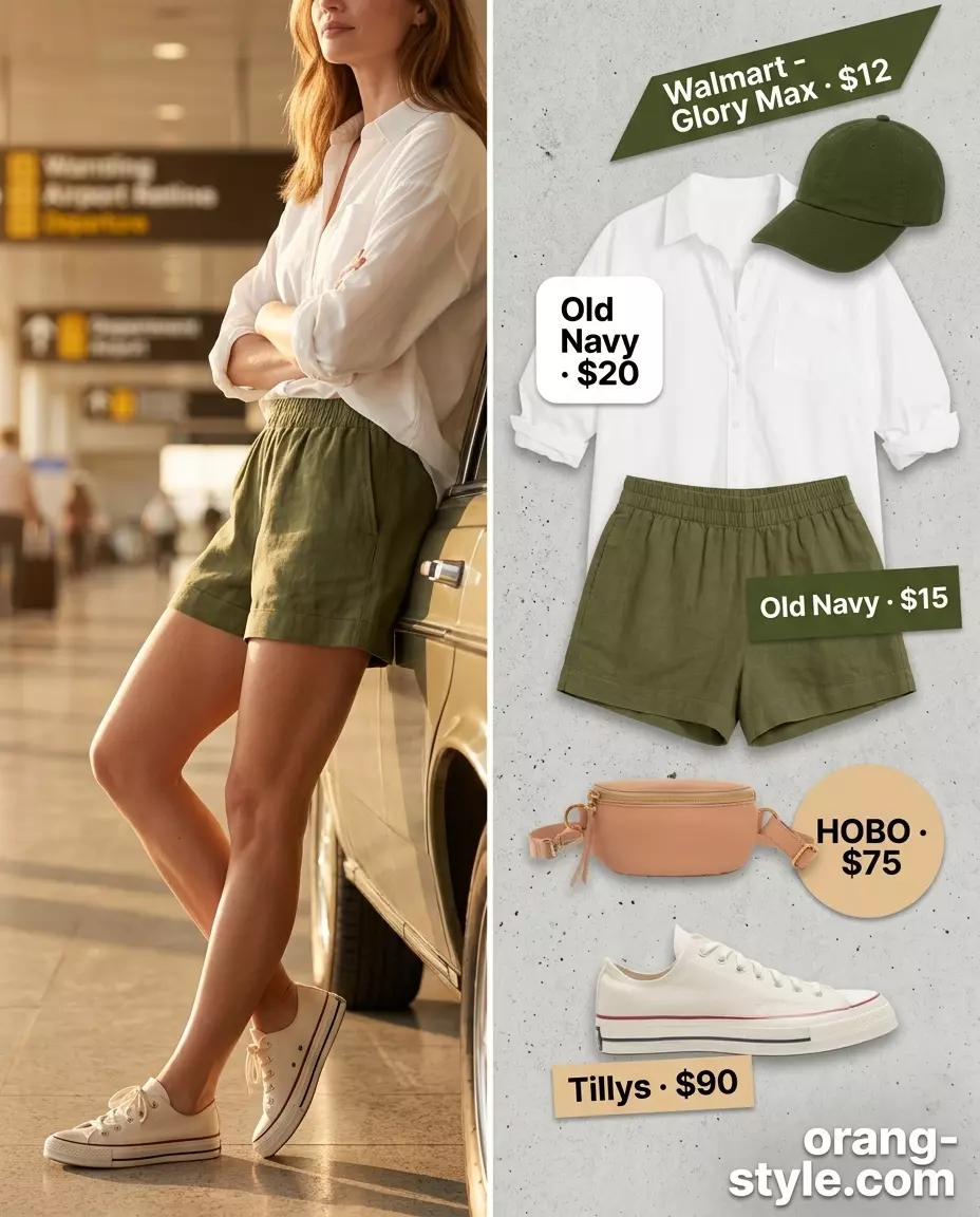 Summer travel capsule wardrobe for women 2026: Olive green shorts and white button-down for city exploration.
