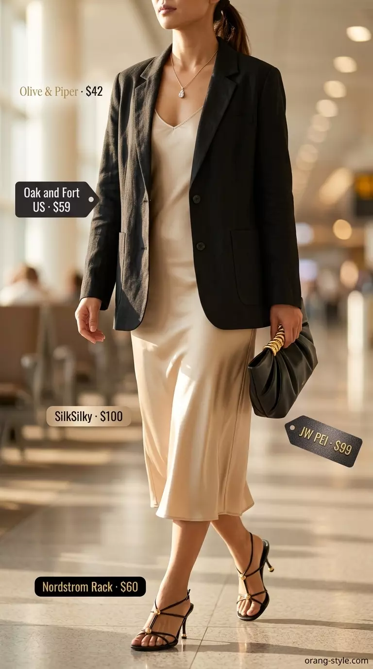 Summer travel capsule wardrobe for women 2026: Champagne slip dress and black blazer for elegant evening travel.