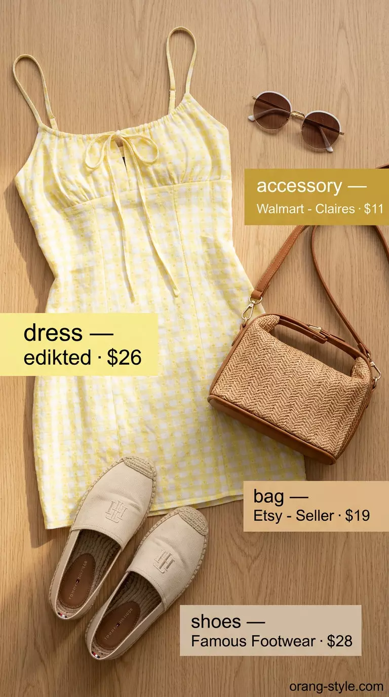 Summer travel capsule wardrobe for women 2026: Yellow gingham mini sundress, straw bag, espadrilles, sunglasses.