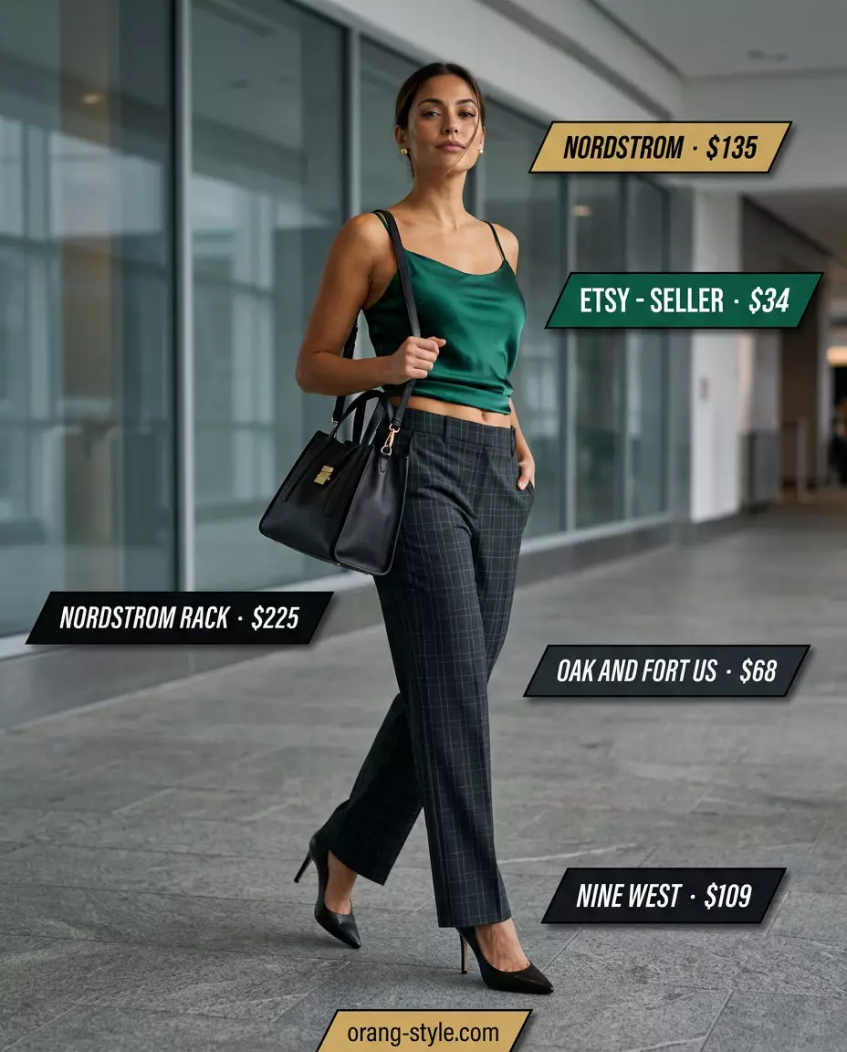 Summer travel capsule wardrobe for women 2026: Charcoal grey trousers and emerald green silk top for business casual travel.