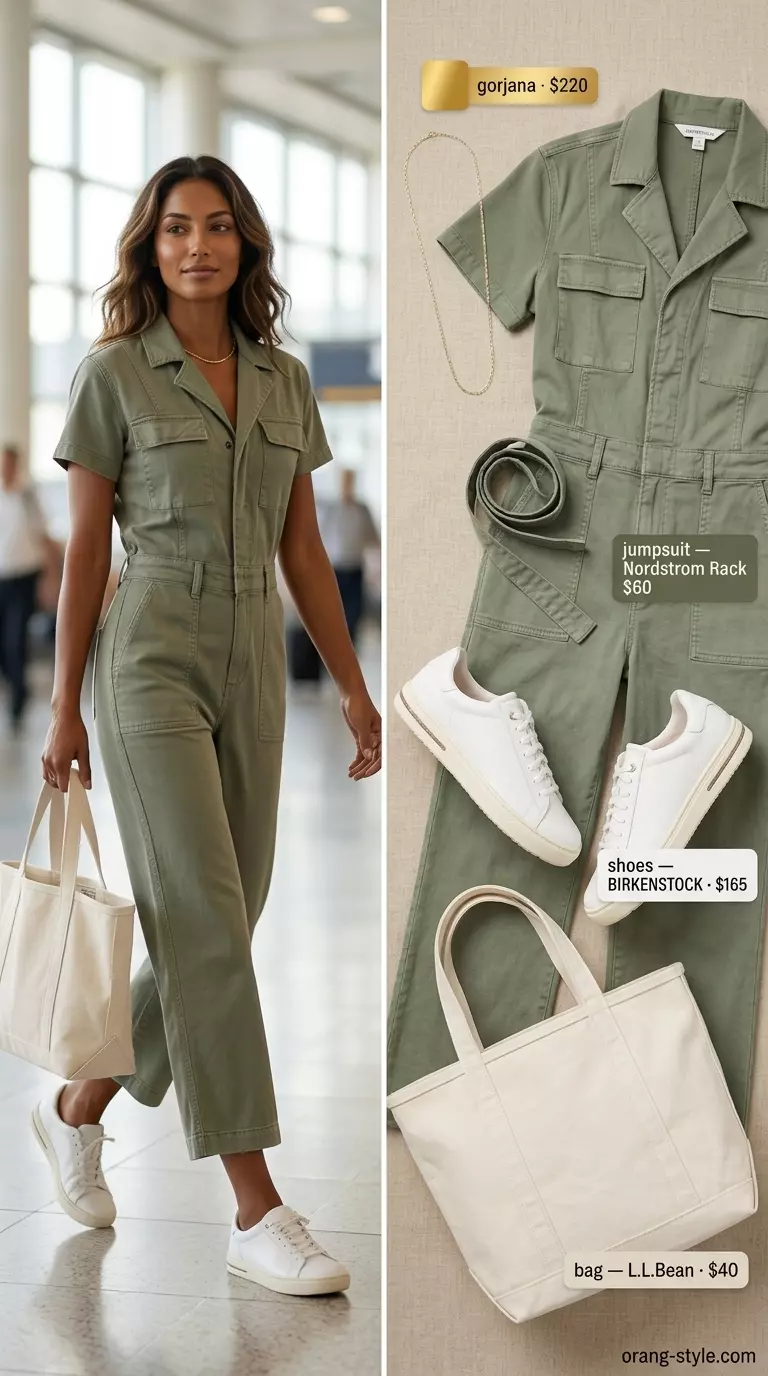 Summer travel capsule wardrobe for women 2026: Khaki green utility jumpsuit, white sneakers, canvas tote, gold necklace.