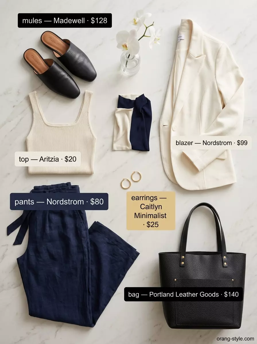Summer travel capsule wardrobe for women 2026: Navy wide-leg trousers, cream knit top, blazer, mules, tote bag.
