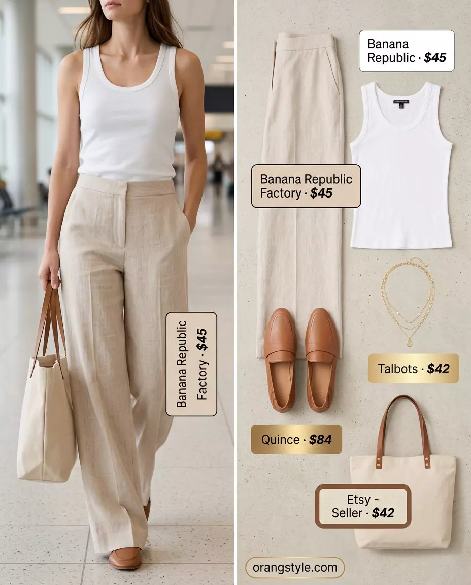 Beige linen pants and white tank for women's summer travel capsule wardrobe 2026. Chic airport outfit with loafers and canvas tote.