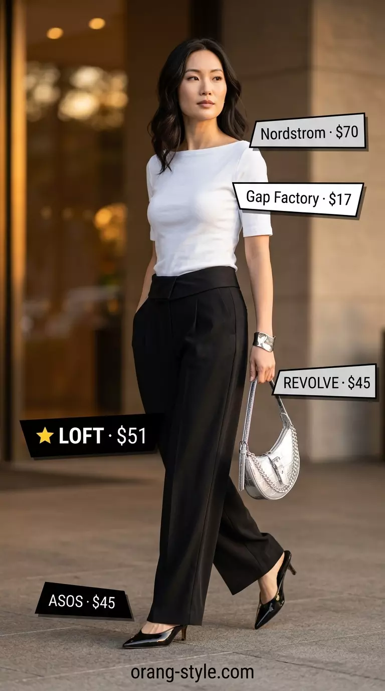 Black palazzo pants and white knit top for women's summer travel capsule wardrobe 2026. Sophisticated travel separates with kitten heels and shoulder bag.