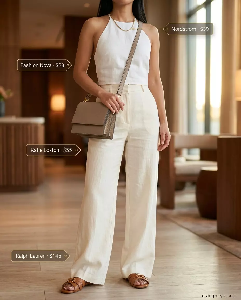 White linen matching set for women's summer travel capsule wardrobe 2026. Chic travel outfit with camel sandals and crossbody bag.