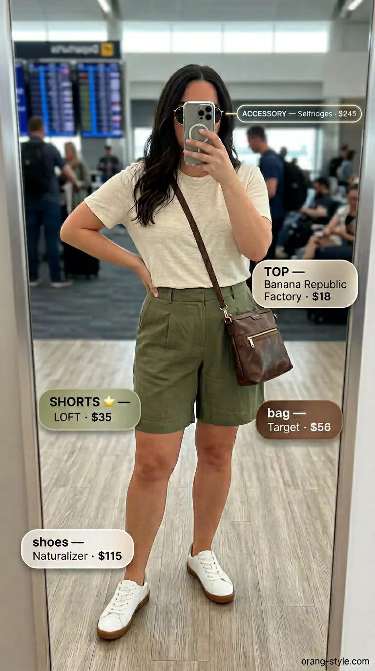 Olive green linen shorts and cream knit top for women's summer travel capsule wardrobe 2026. City explorer outfit with sneakers and crossbody bag.