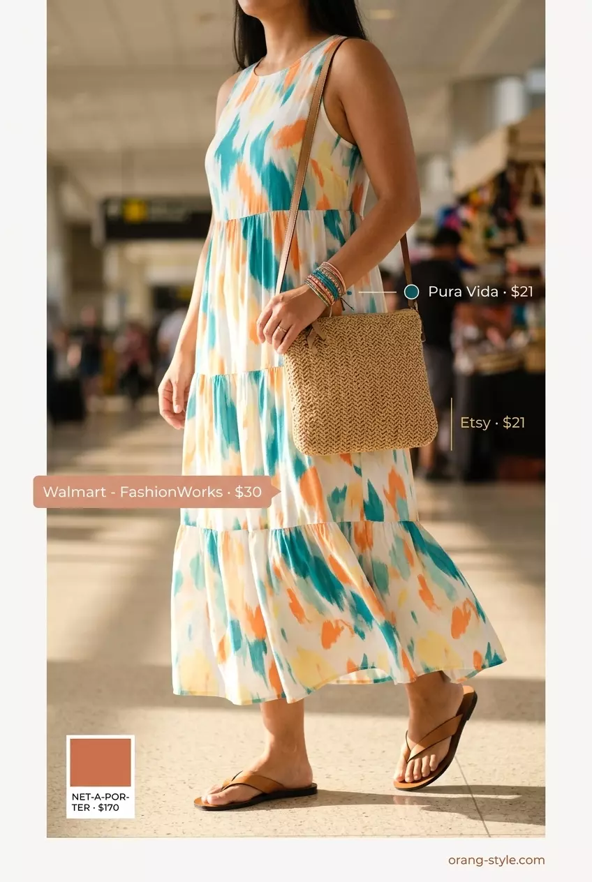 Vibrant teal and orange maxi dress for women's summer travel capsule wardrobe 2026. Bohemian vacation outfit with straw bag and flat sandals.