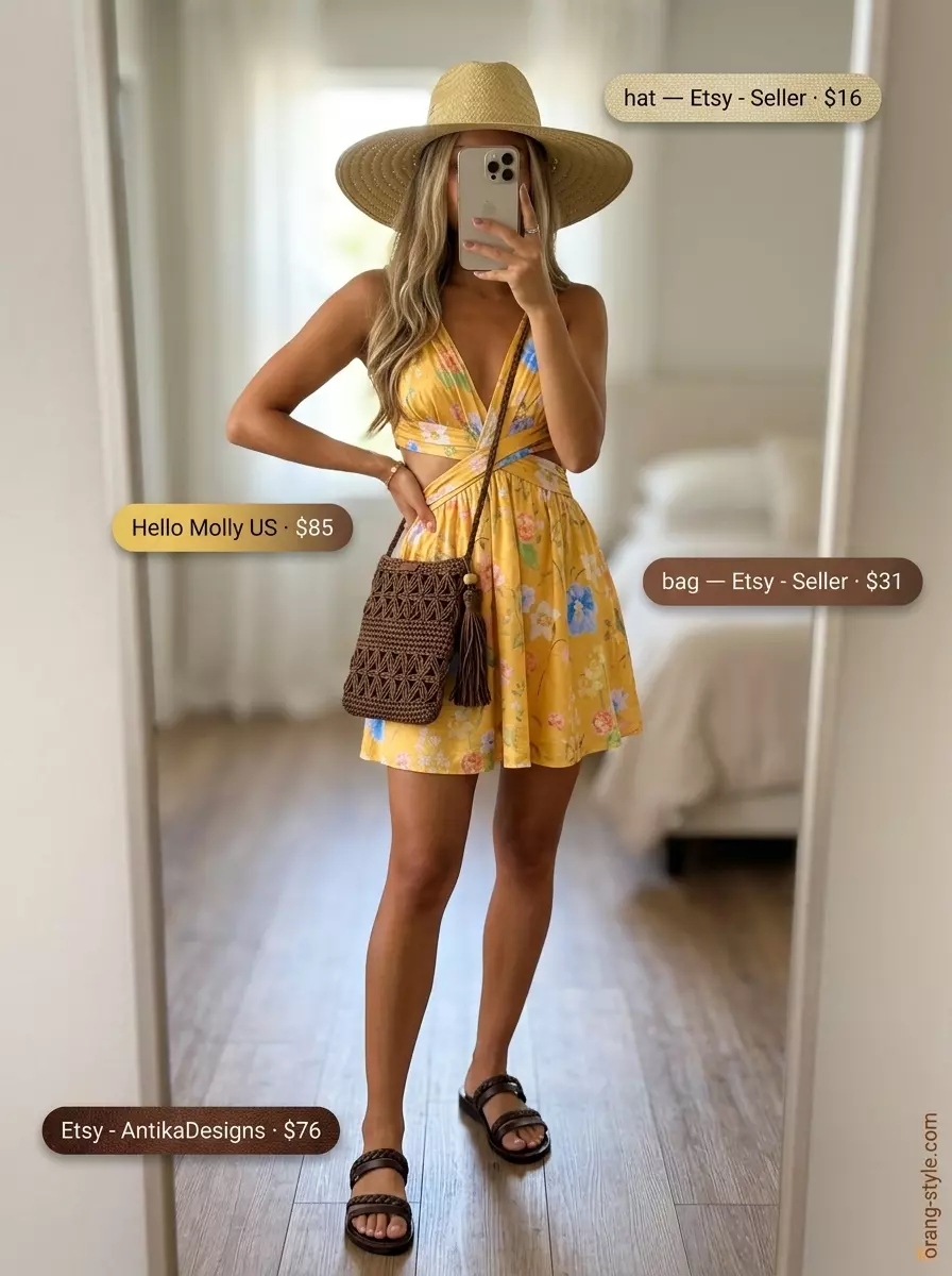 Terracotta orange floral ultra-mini sundress with brown sandals for festival wear. Bohemian summer outfit.