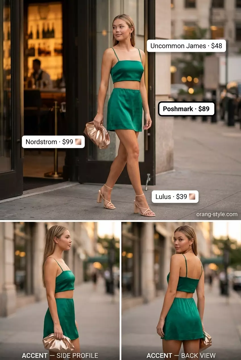 Emerald green satin crop top and midi skirt set for a summer evening event. Elegant cocktail outfit.
