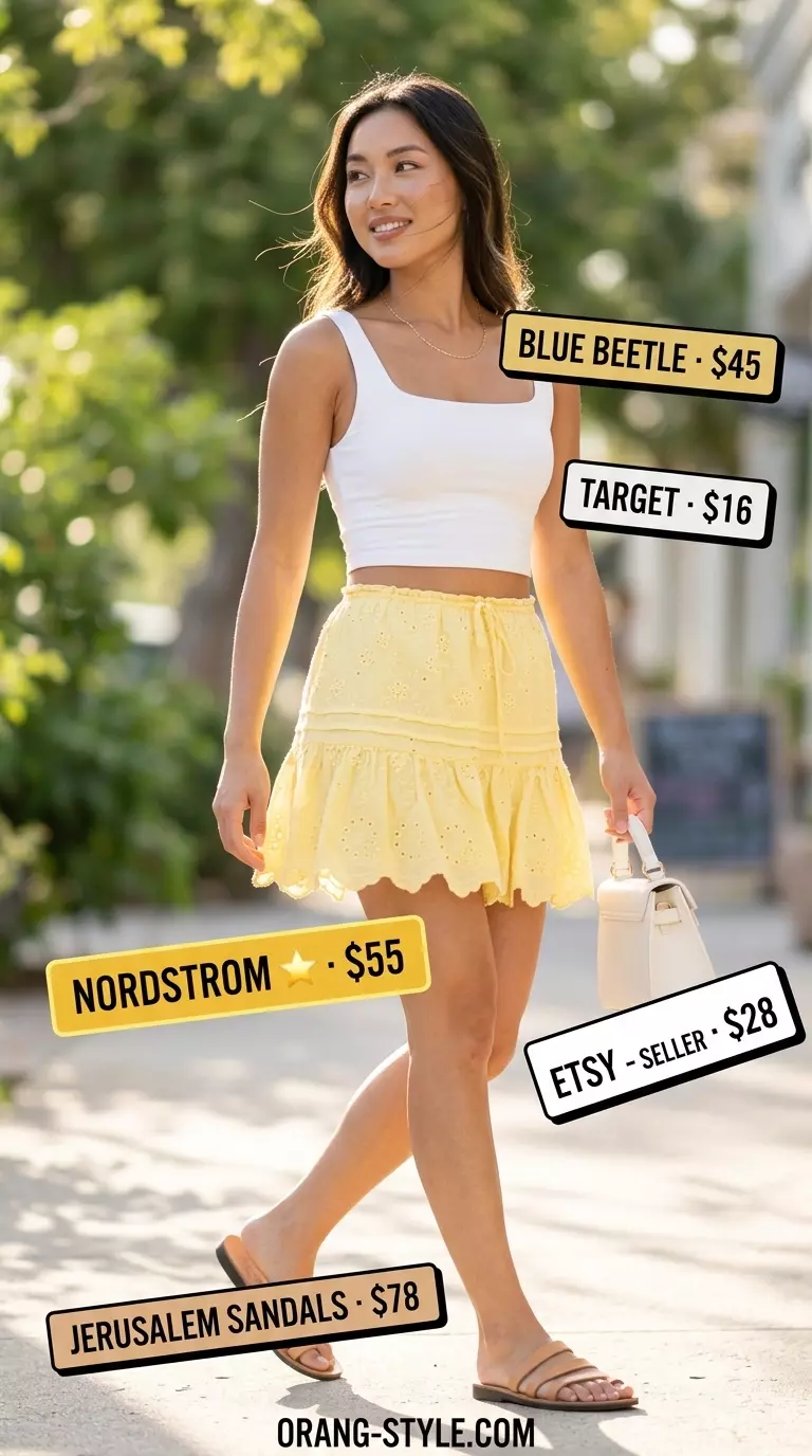 Lemon yellow ultra-mini skirt with a white cropped tank top for a playful summer day outfit. Youthful look.