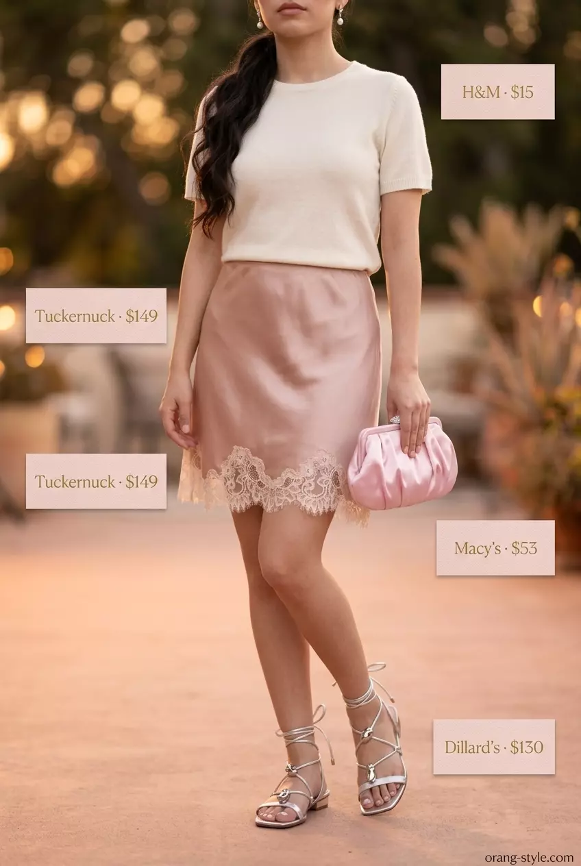 Blush pink silk slip mini skirt with a cream knit top for an elegant summer evening outfit. Resort wear.