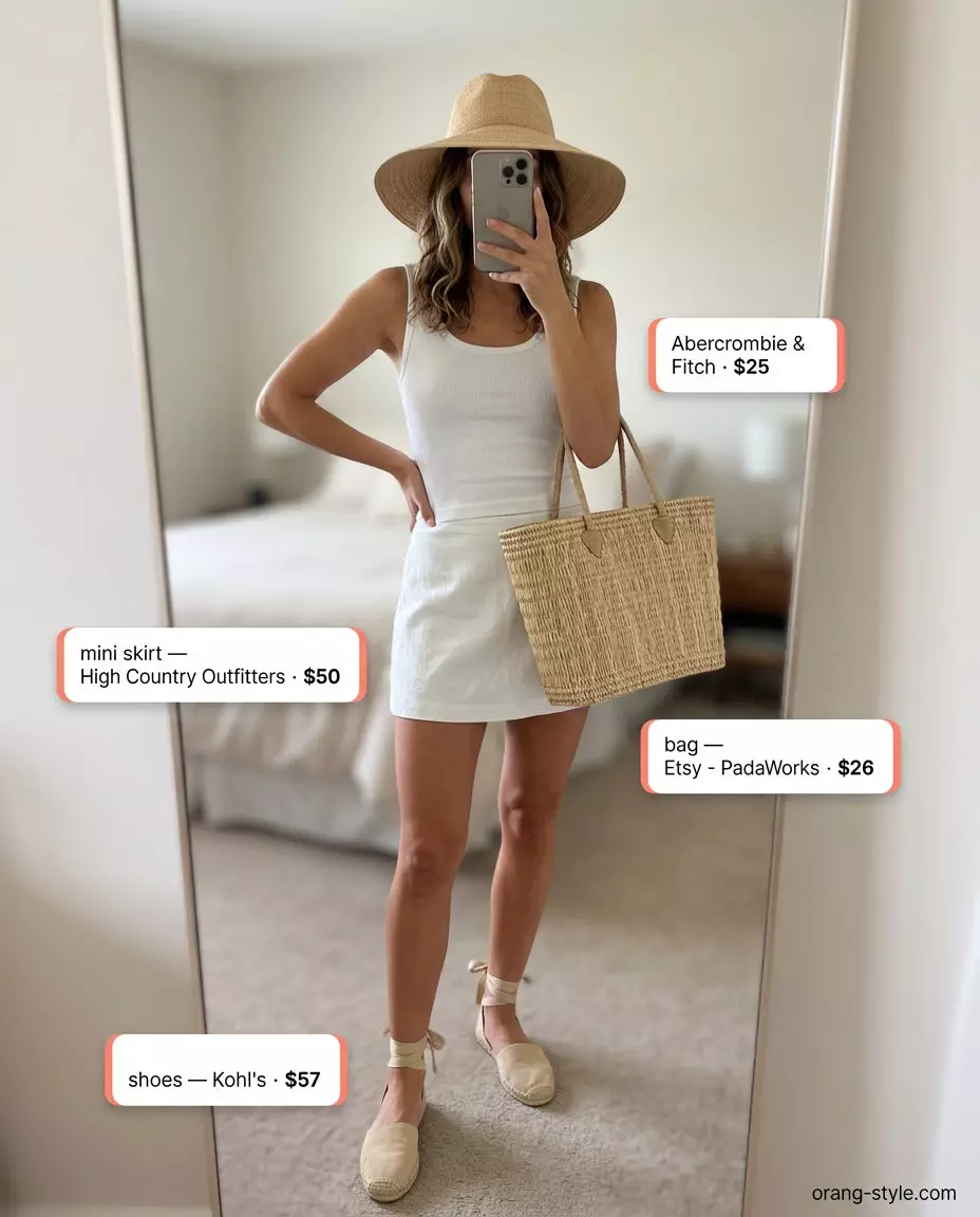 Olive green mini skirt with a white tank top and espadrille sandals for vacation resort wear. Comfortable chic outfit.