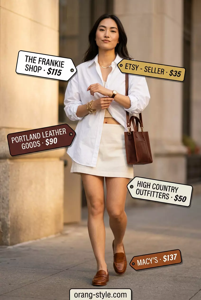 White oversized shirt with tan loafers for summer ultra-mini outfits for women 2026 smart casual.
