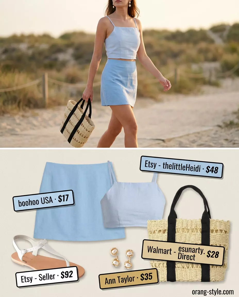 Sky blue linen mini skirt with matching bralette for summer ultra-mini outfits for women 2026 vacation.