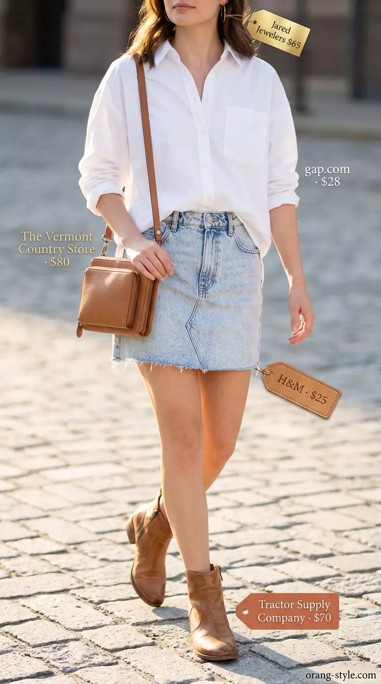 Light wash denim mini skirt with oversized white shirt for summer ultra-mini outfits for women 2026 casual.