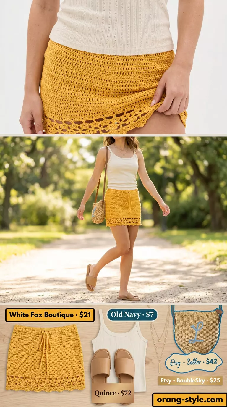 Marigold yellow crochet mini skirt with ecru top for summer ultra-mini outfits for women 2026 festival.