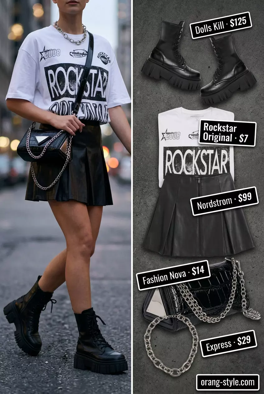 Black faux leather mini skirt with graphic tee for summer ultra-mini outfits for women 2026 edgy.