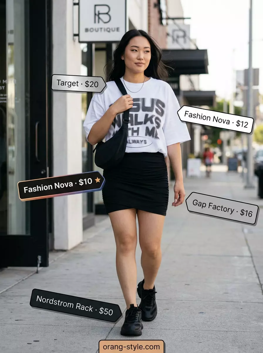 Olive green mini skirt with graphic tee for summer ultra-mini outfits for women 2026 casual.