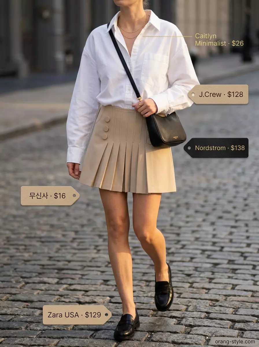 Chic City Explorer: Beige tailored ultra-mini skirt, oversized white shirt, loafers, and belt bag. Summer ultra-mini outfits for women 2026.
