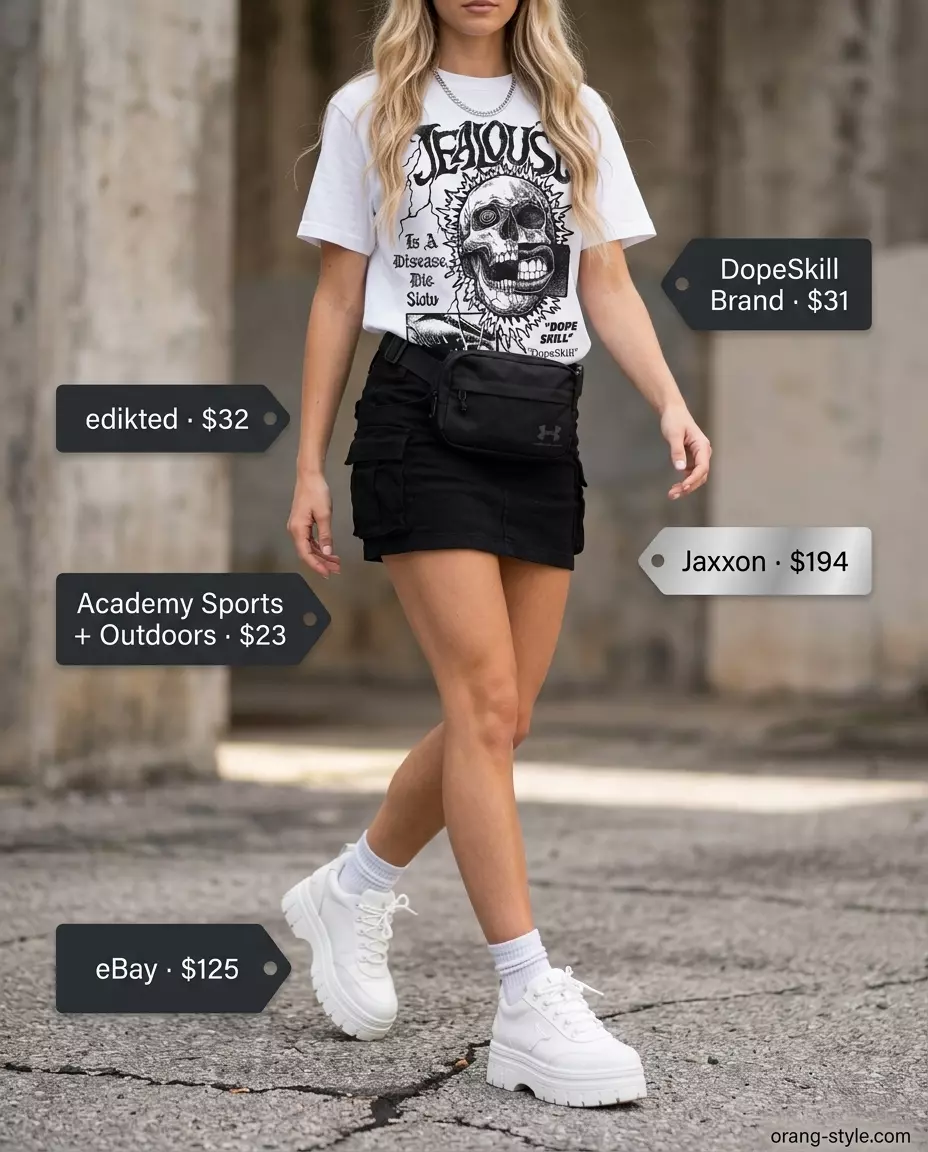 Urban Explorer Chic: Black cargo mini skirt, graphic tee, chain necklace, belt bag, and platform sneakers. Summer ultra-mini outfits for women 2026.