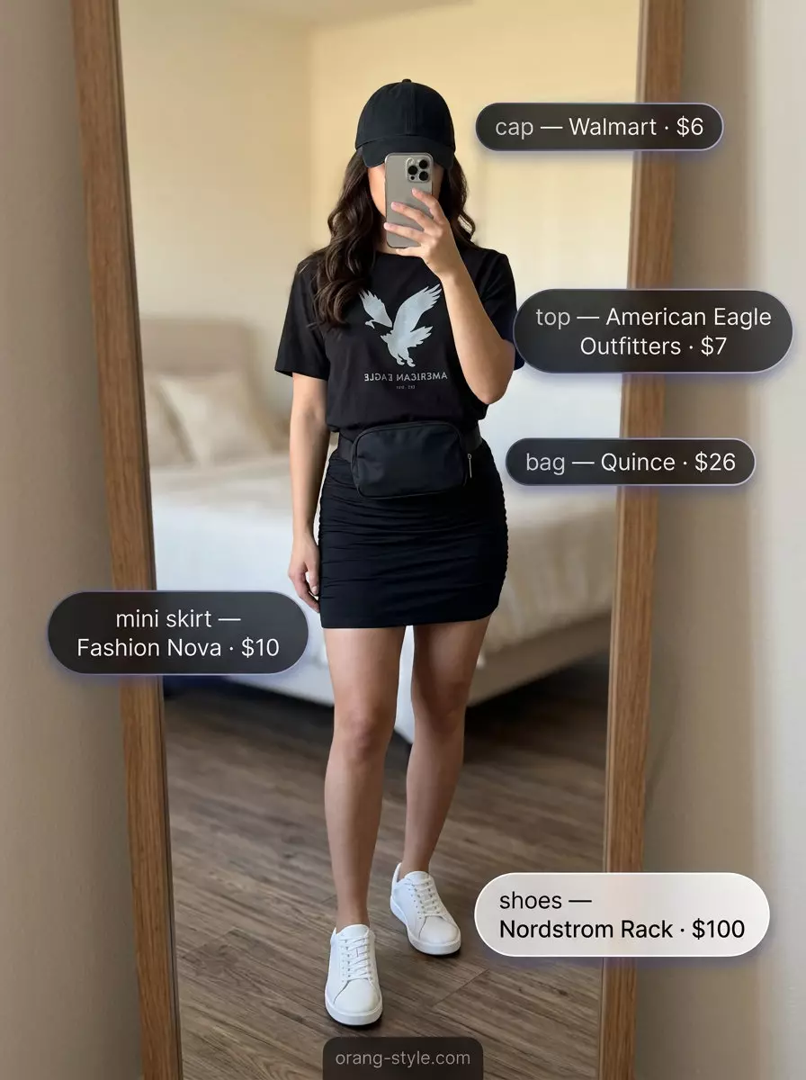Casual Cool: Black mini skirt, graphic tee, white sneakers, baseball cap, and belt bag. Summer ultra-mini outfits for women 2026.