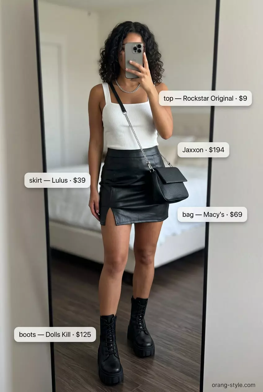 Edgy Urban Edge: Black faux leather ultra-mini skirt, oversized band tee, combat boots, and crossbody bag. Summer ultra-mini outfits for women 2026.