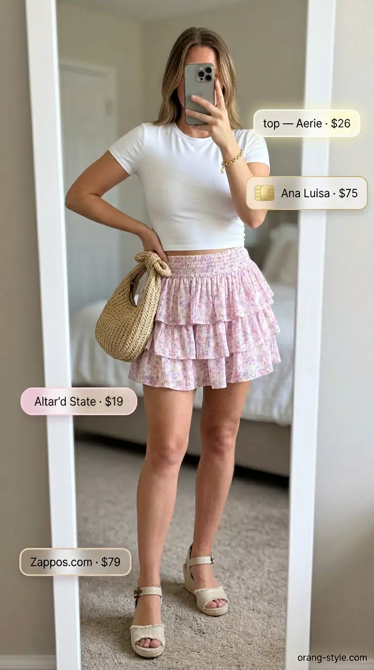 Sweet Coastal Cafe Date: Pastel floral ultra-mini skirt, white tee, straw basket bag, and espadrille wedges. Summer ultra-mini outfits for women 2026.