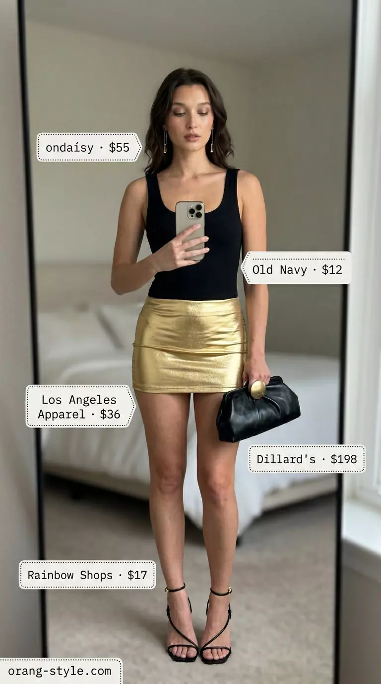 Glamorous Golden Hour: Gold satin ultra-mini skirt, black bodysuit, heeled sandals, and clutch. Summer ultra-mini outfits for women 2026.