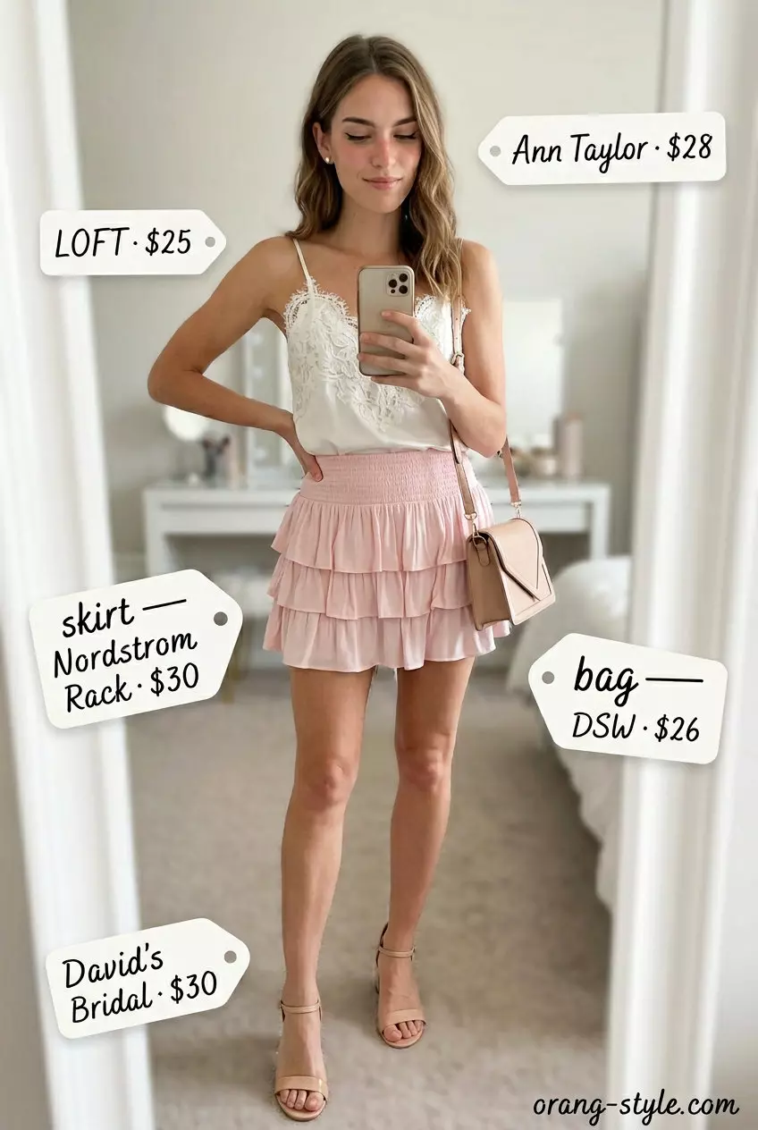 Feminine Summer Garden Party: Blush pink ultra-mini tiered skirt, lace camisole, pearl earrings, and block heels. Summer ultra-mini outfits for women 2026.